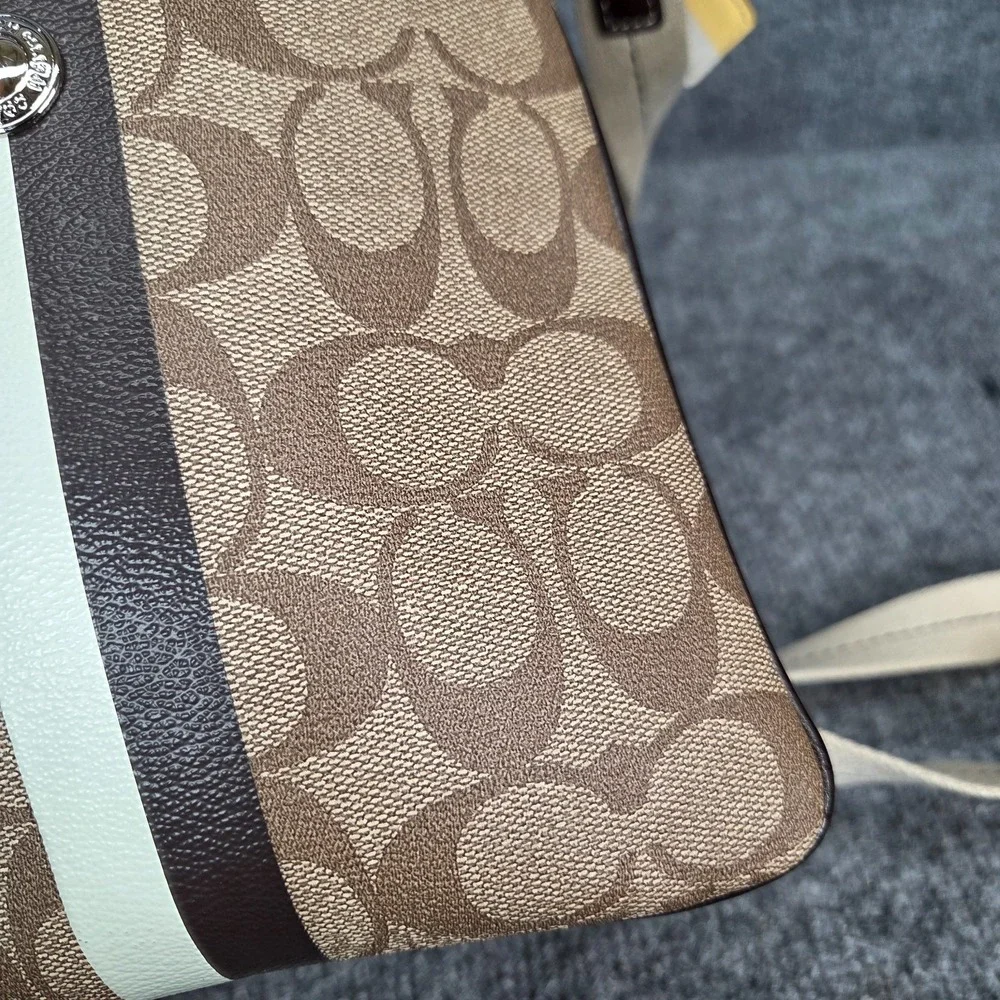 Coach Heritage Stripe Crossbody Signature Khaki Cream Brown Patent Leather Trim
